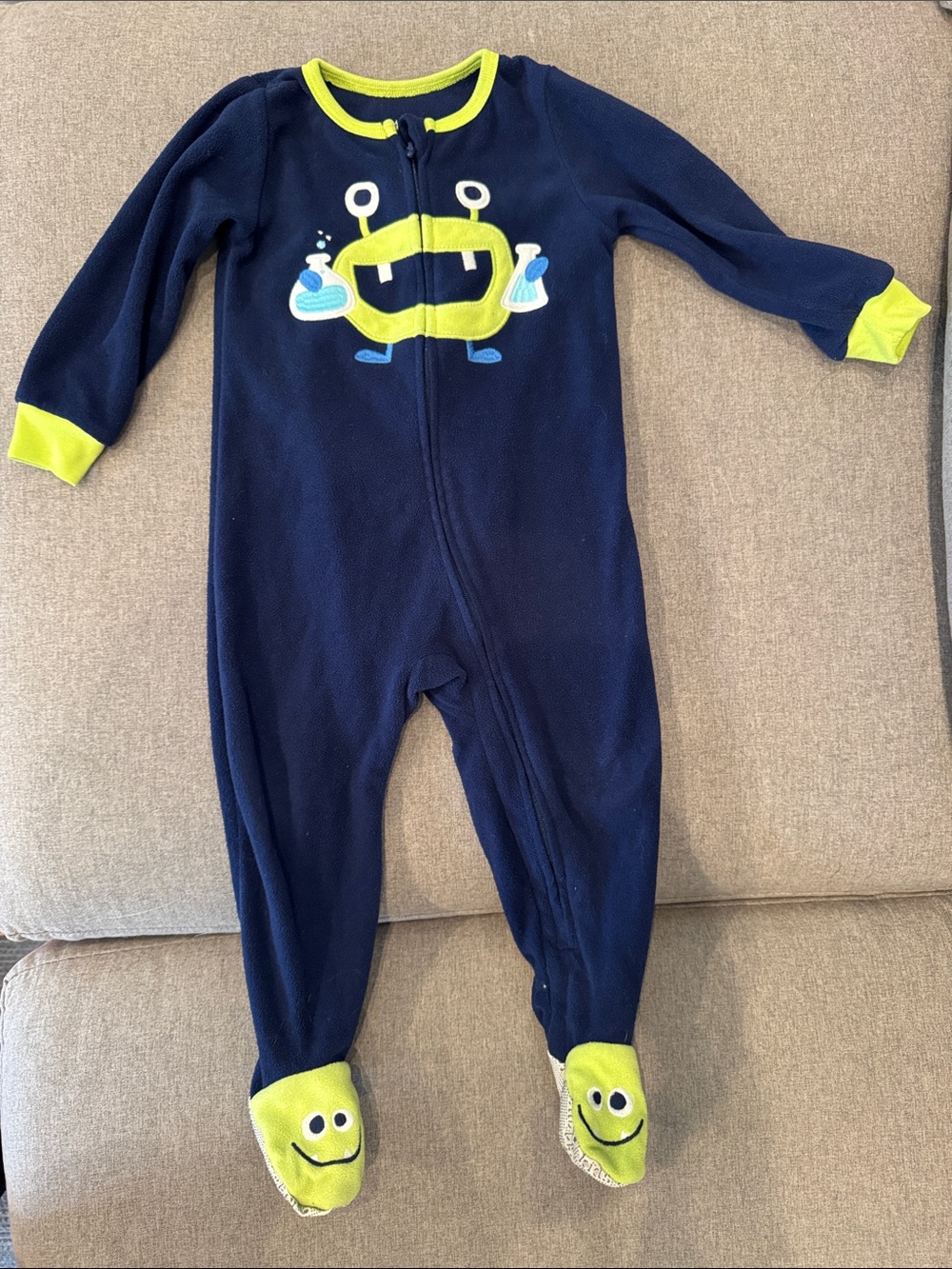 Kids Headquarters Navy and Lime Monster Footed One-Piece Pajamas